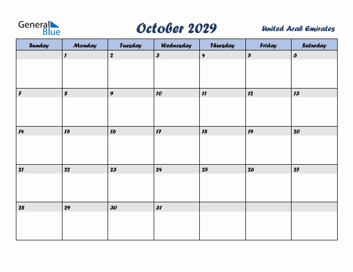 October 2029 Calendar with Holidays in United Arab Emirates