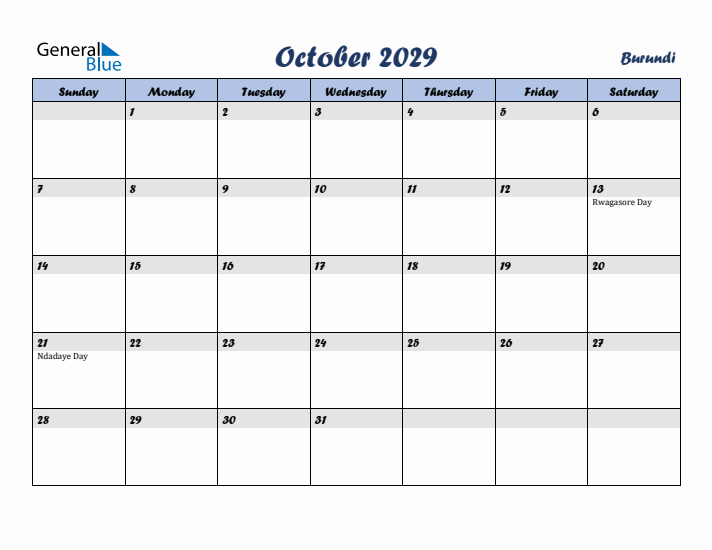 October 2029 Calendar with Holidays in Burundi