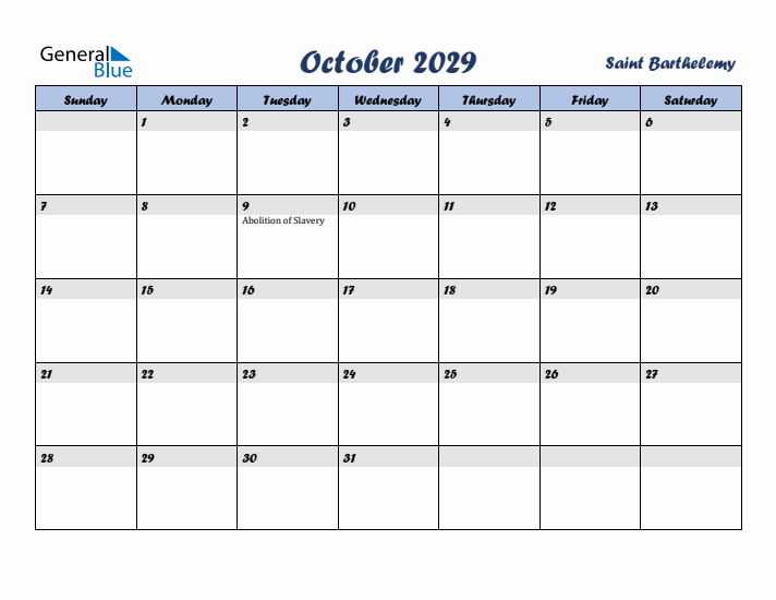 October 2029 Calendar with Holidays in Saint Barthelemy