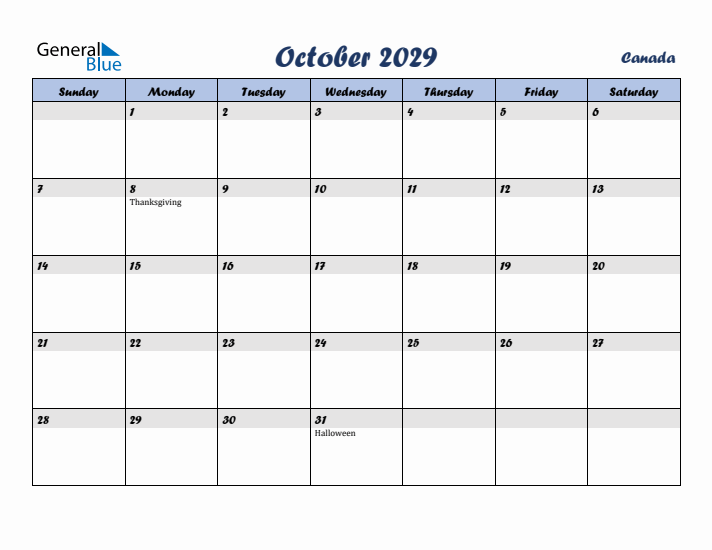 October 2029 Calendar with Holidays in Canada