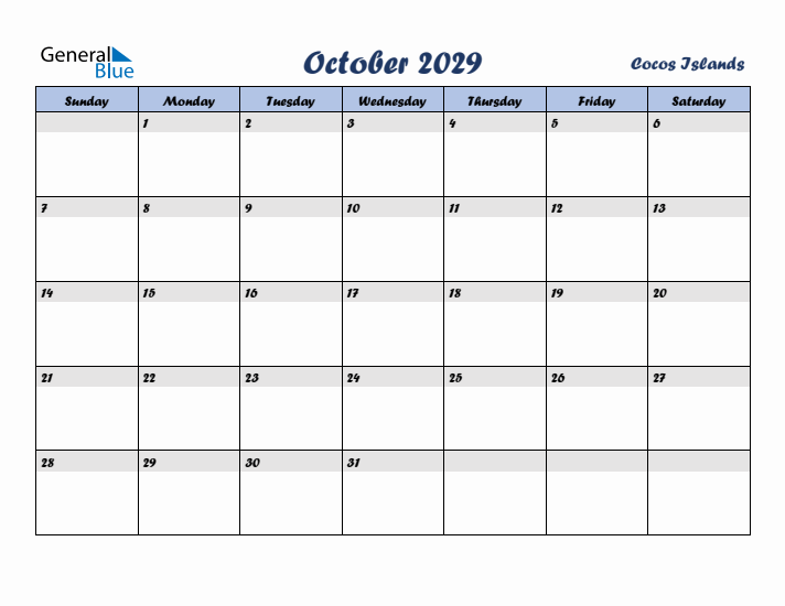 October 2029 Calendar with Holidays in Cocos Islands