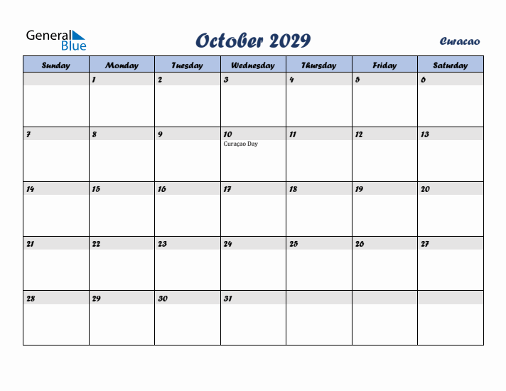 October 2029 Calendar with Holidays in Curacao