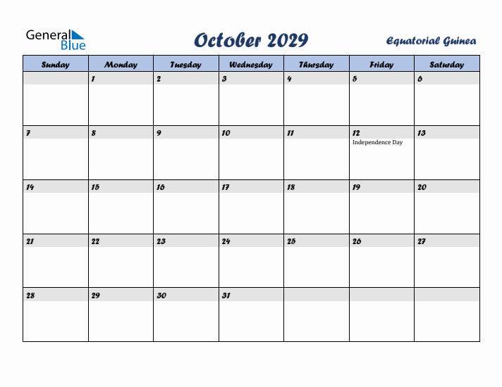 October 2029 Calendar with Holidays in Equatorial Guinea