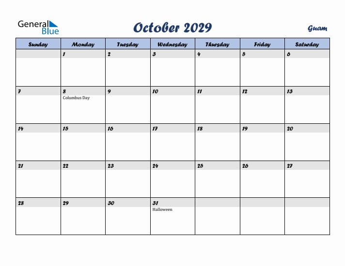 October 2029 Calendar with Holidays in Guam