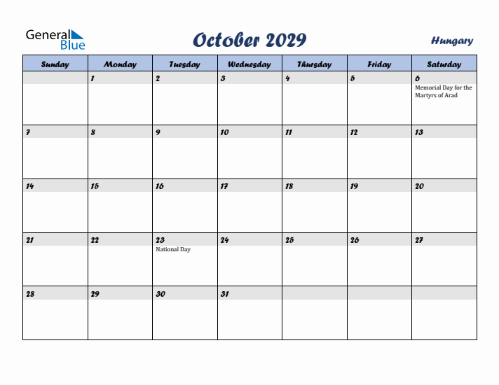 October 2029 Calendar with Holidays in Hungary