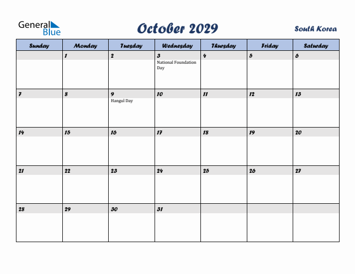 October 2029 Calendar with Holidays in South Korea