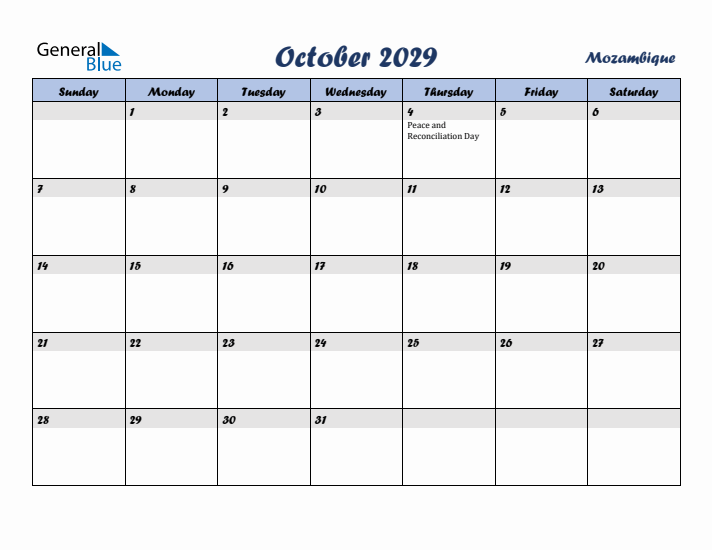 October 2029 Calendar with Holidays in Mozambique