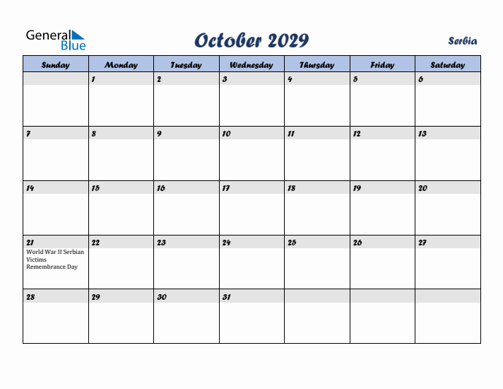 October 2029 Calendar with Holidays in Serbia