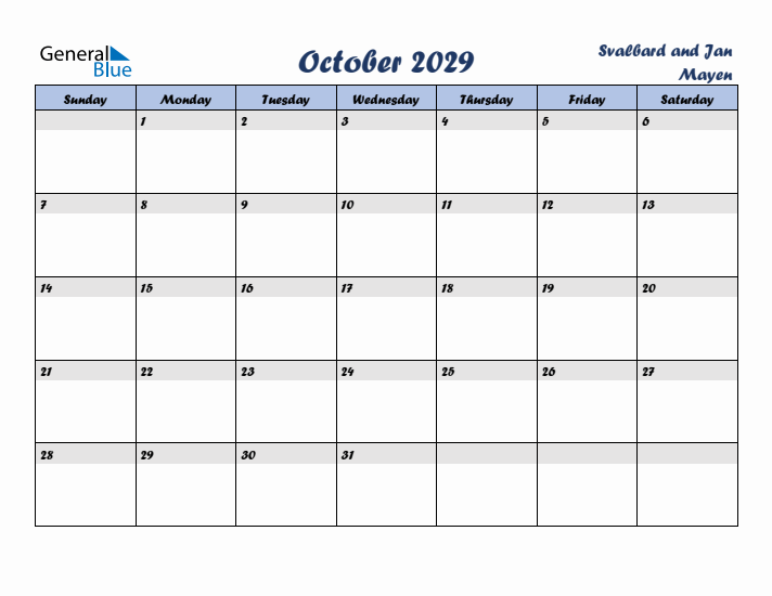 October 2029 Calendar with Holidays in Svalbard and Jan Mayen