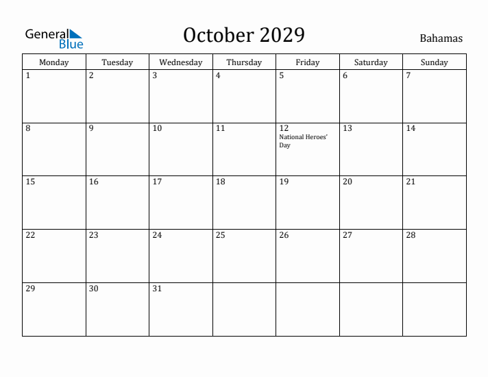 October 2029 Calendar Bahamas