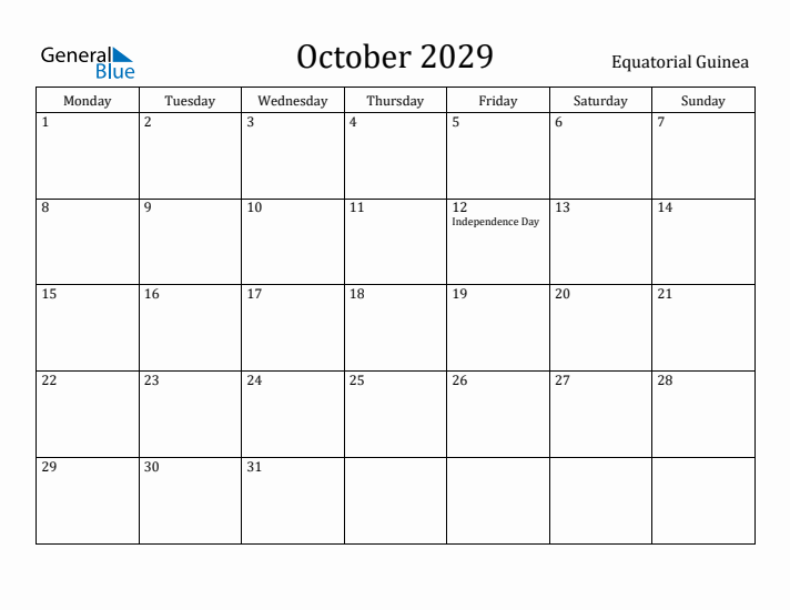 October 2029 Calendar Equatorial Guinea