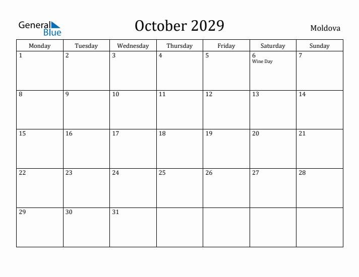 October 2029 Calendar Moldova