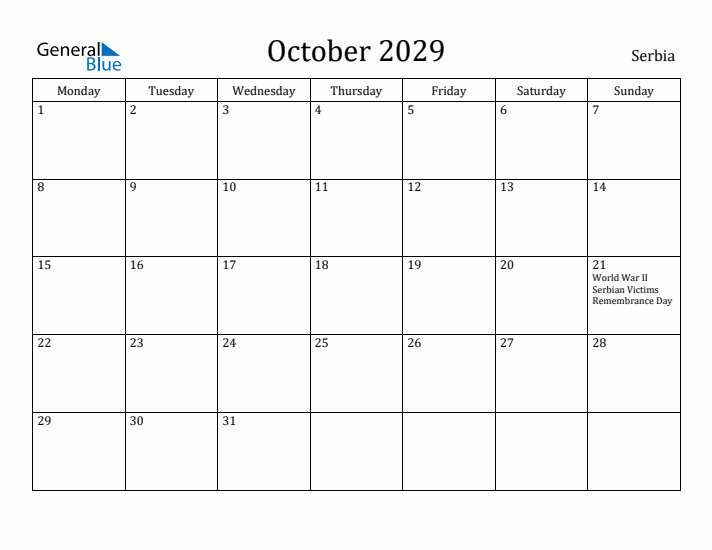 October 2029 Calendar Serbia