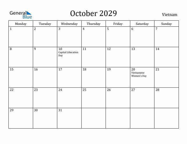 October 2029 Calendar Vietnam