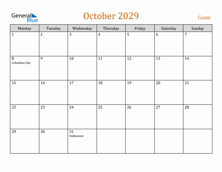 October 2029 Holiday Calendar with Monday Start