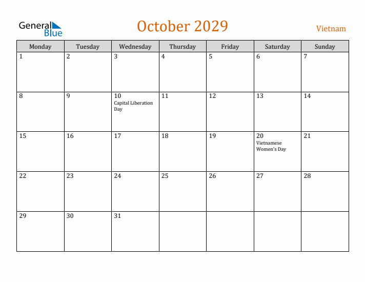 October 2029 Holiday Calendar with Monday Start