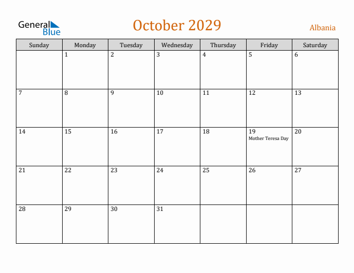 October 2029 Holiday Calendar with Sunday Start