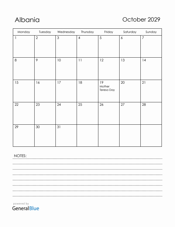 October 2029 Albania Calendar with Holidays (Monday Start)