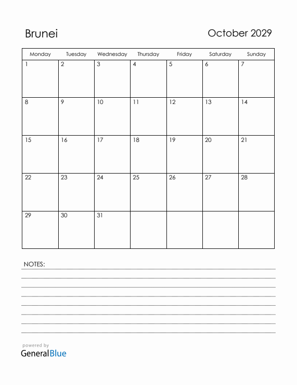 October 2029 Brunei Calendar with Holidays (Monday Start)