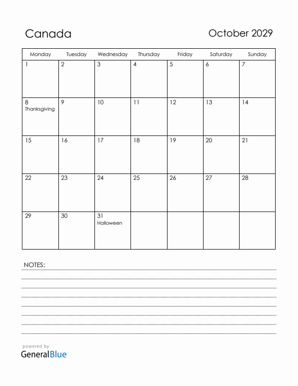 October 2029 Canada Calendar with Holidays (Monday Start)