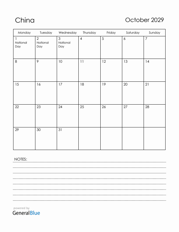 October 2029 China Calendar with Holidays (Monday Start)