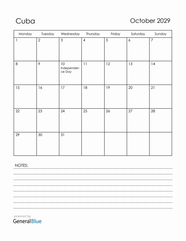 October 2029 Cuba Calendar with Holidays (Monday Start)