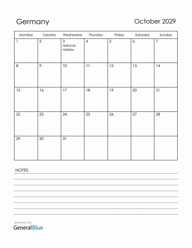 October 2029 Germany Calendar with Holidays (Monday Start)