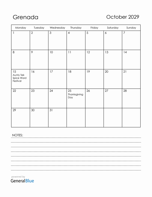 October 2029 Grenada Calendar with Holidays (Monday Start)