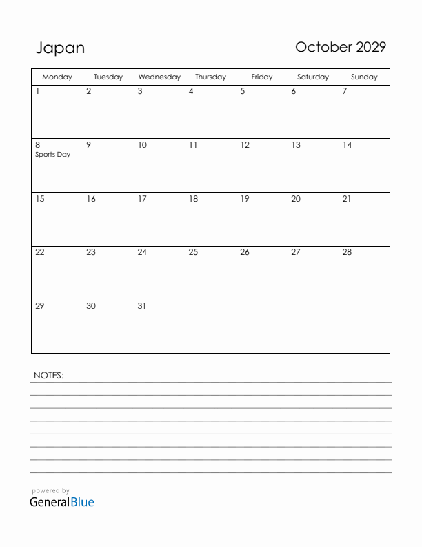 October 2029 Japan Calendar with Holidays (Monday Start)