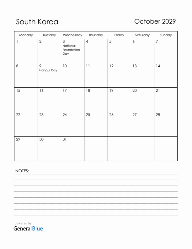 October 2029 South Korea Calendar with Holidays (Monday Start)