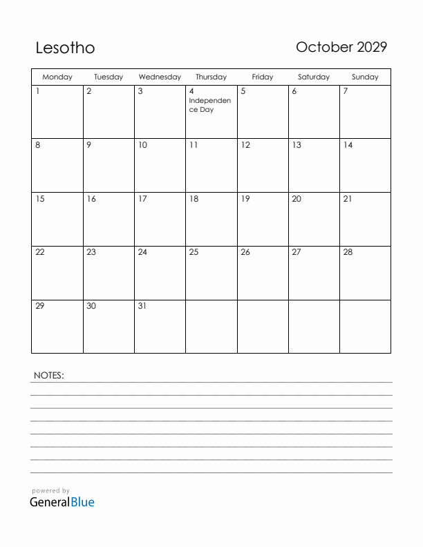 October 2029 Lesotho Calendar with Holidays (Monday Start)