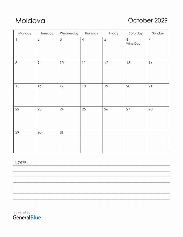 October 2029 Moldova Calendar with Holidays (Monday Start)