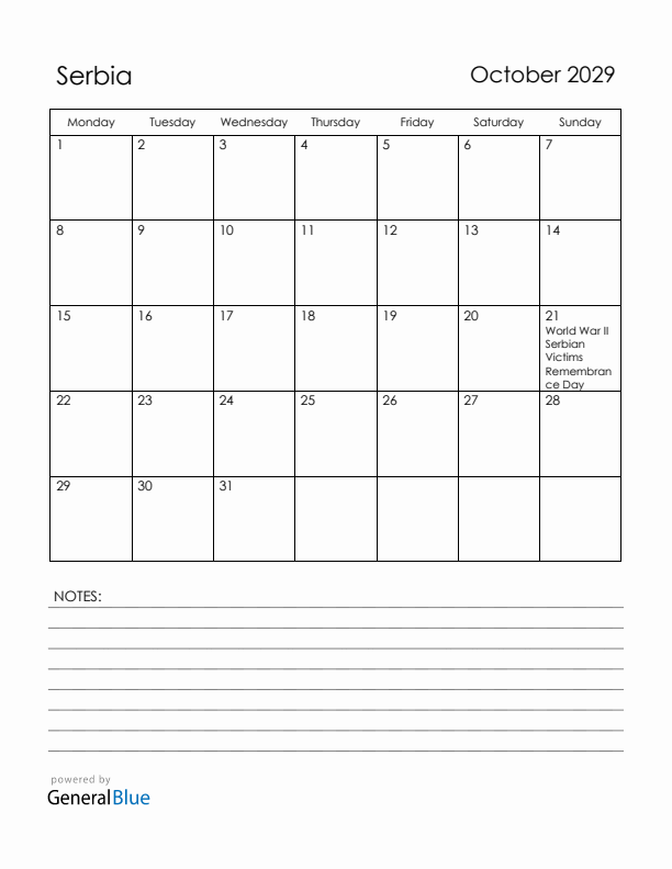 October 2029 Serbia Calendar with Holidays (Monday Start)