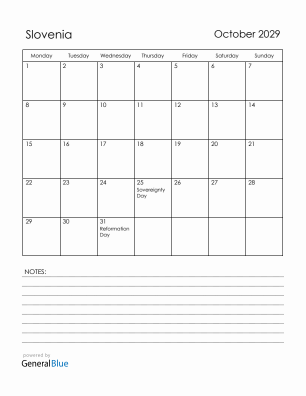 October 2029 Slovenia Calendar with Holidays (Monday Start)