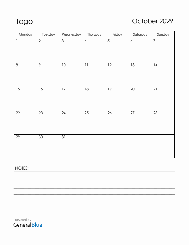 October 2029 Togo Calendar with Holidays (Monday Start)