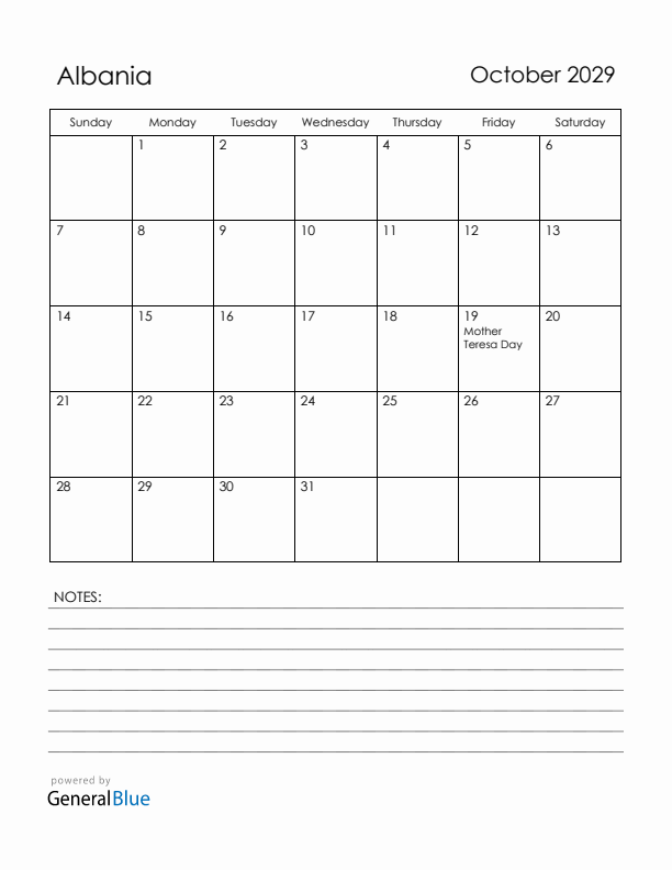 October 2029 Albania Calendar with Holidays (Sunday Start)