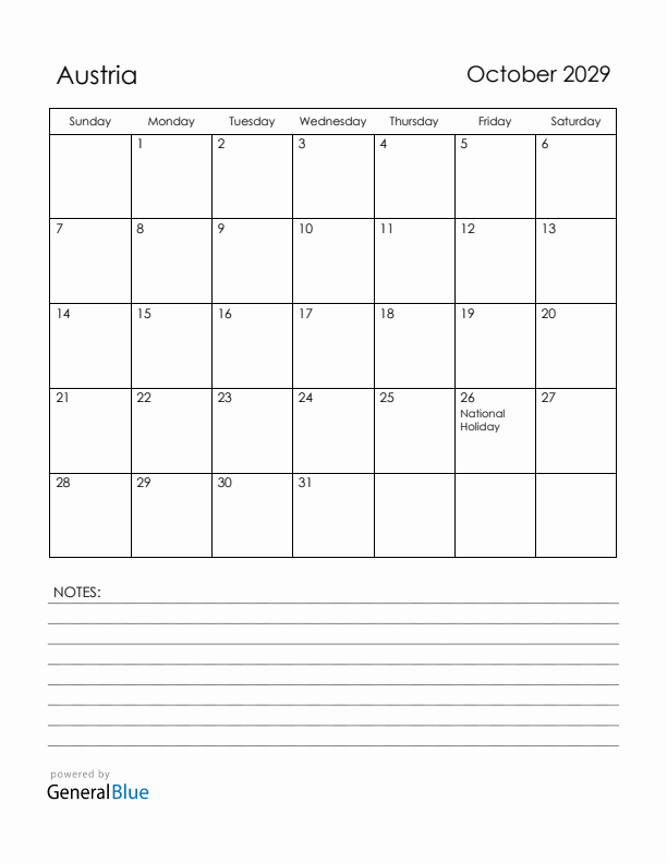 October 2029 Austria Calendar with Holidays (Sunday Start)