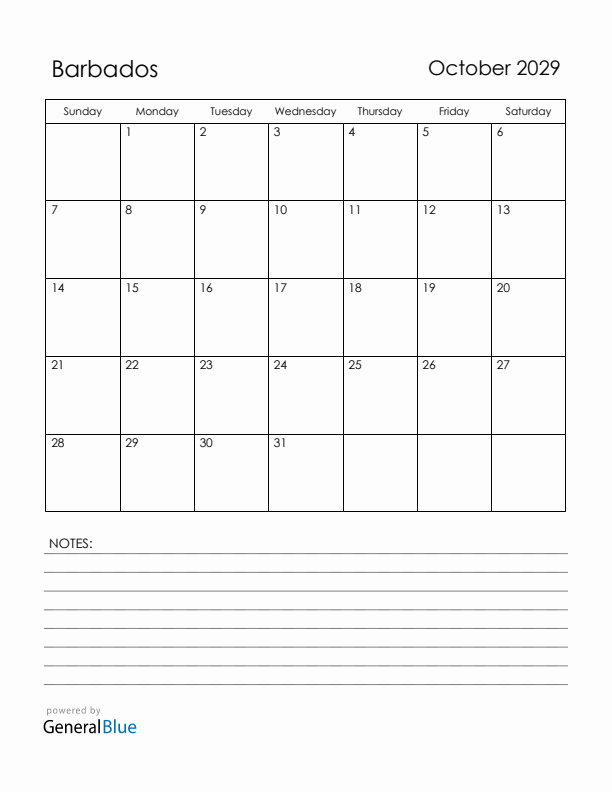 October 2029 Barbados Calendar with Holidays (Sunday Start)