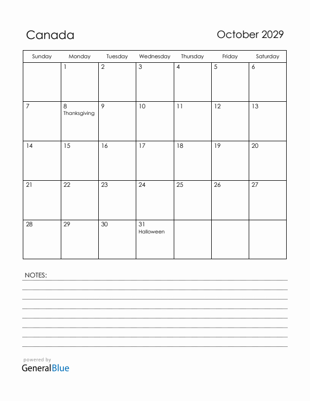 October 2029 Canada Calendar with Holidays (Sunday Start)