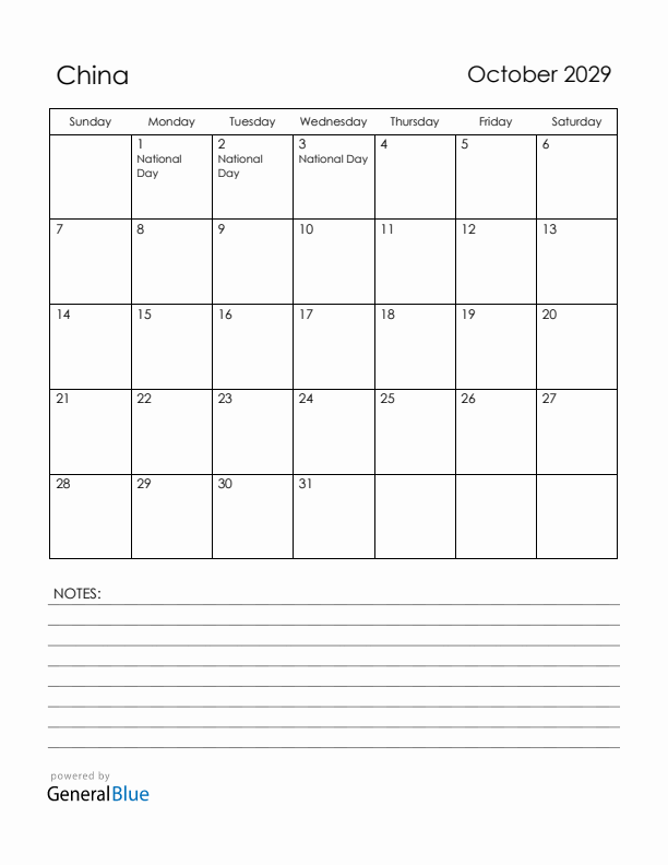 October 2029 China Calendar with Holidays (Sunday Start)