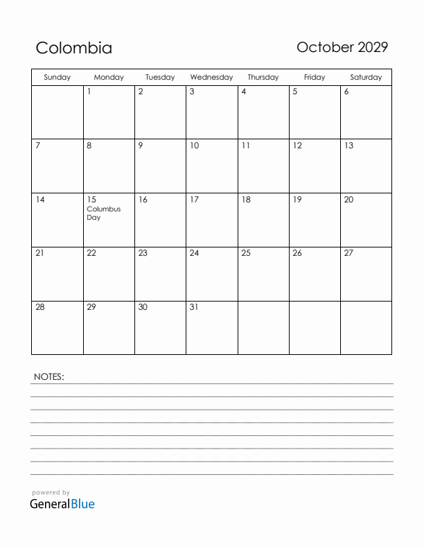 October 2029 Colombia Calendar with Holidays (Sunday Start)