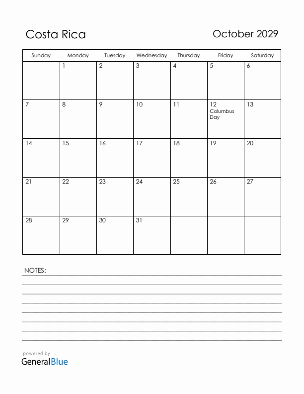 October 2029 Costa Rica Calendar with Holidays (Sunday Start)