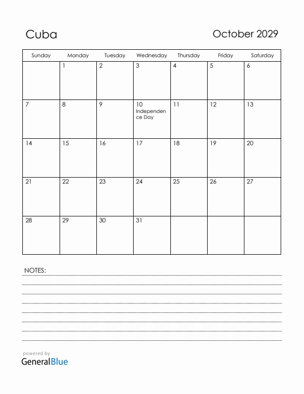 October 2029 Cuba Calendar with Holidays (Sunday Start)