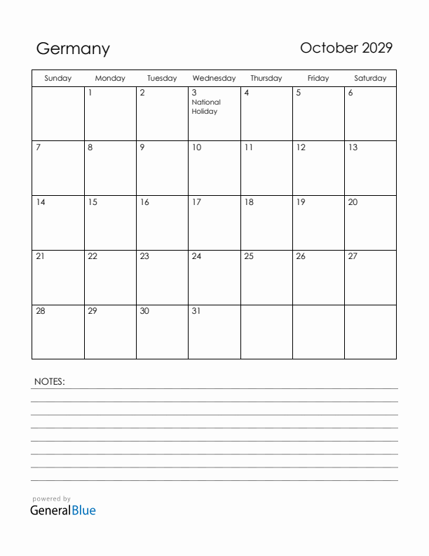 October 2029 Germany Calendar with Holidays (Sunday Start)