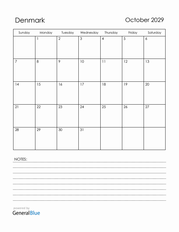October 2029 Denmark Calendar with Holidays (Sunday Start)