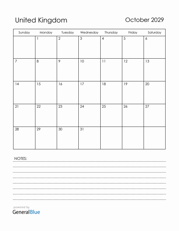 October 2029 United Kingdom Calendar with Holidays (Sunday Start)