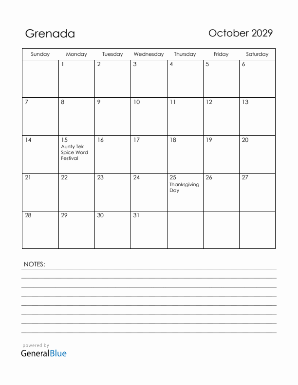 October 2029 Grenada Calendar with Holidays (Sunday Start)