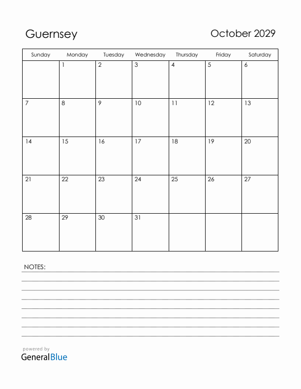 October 2029 Guernsey Calendar with Holidays (Sunday Start)