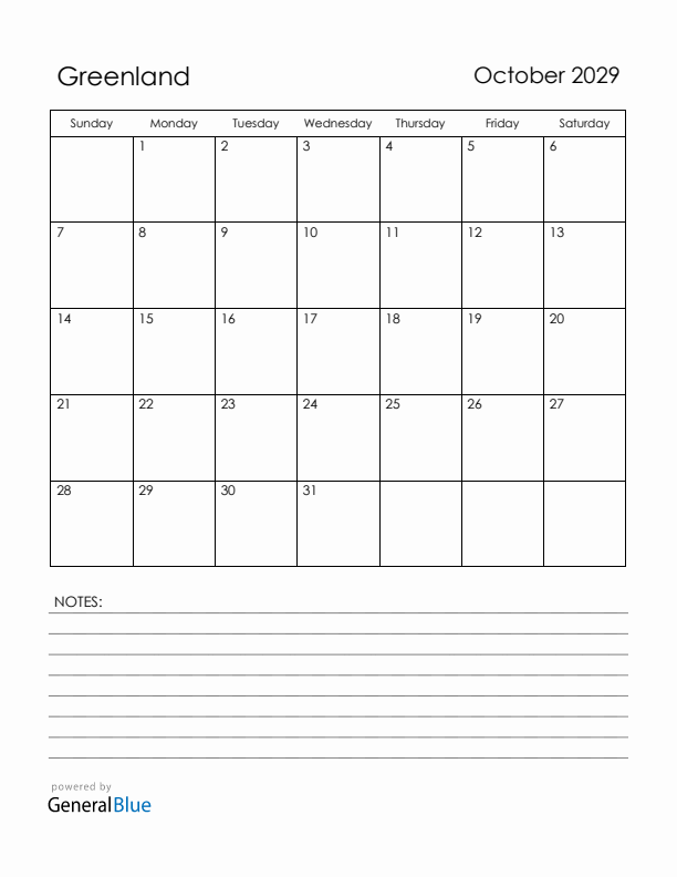 October 2029 Greenland Calendar with Holidays (Sunday Start)