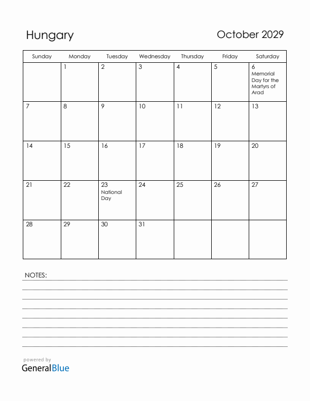 October 2029 Hungary Calendar with Holidays (Sunday Start)